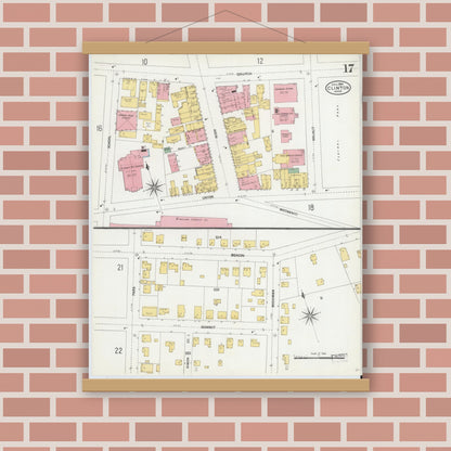 Old map wall art mockup — magnetic wood frame on brick wall — Sanborn Fire Insurance Map from Clinton, Worcester County, Massachusetts (1904), Sheet #0017