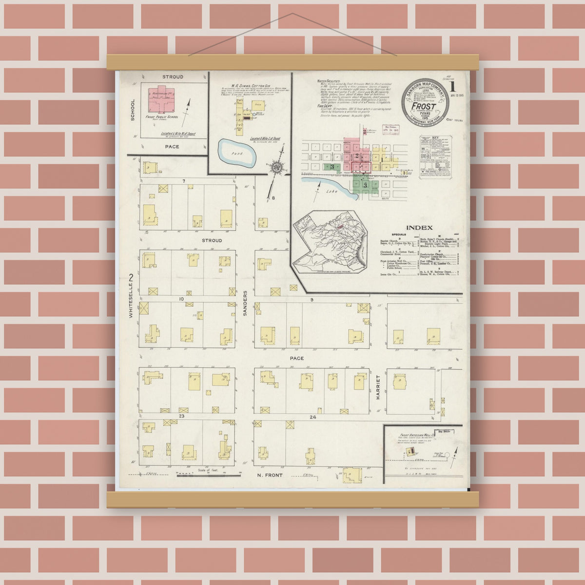 Old map wall art mockup — magnetic wood frame on brick wall — Sanborn Fire Insurance Map from Frost, Navarro County, Texas (1915) - Complete Map Set