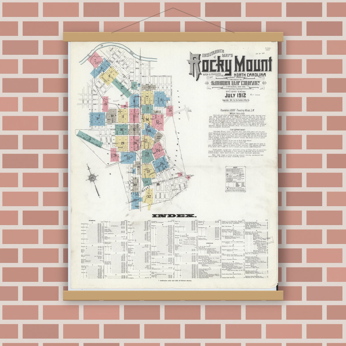 Old map wall art mockup — magnetic wood frame on brick wall — Sanborn Fire Insurance Map from Rocky Mount, Edgecombe And Nash Counties, North Carolina (1912), Sheet #0001