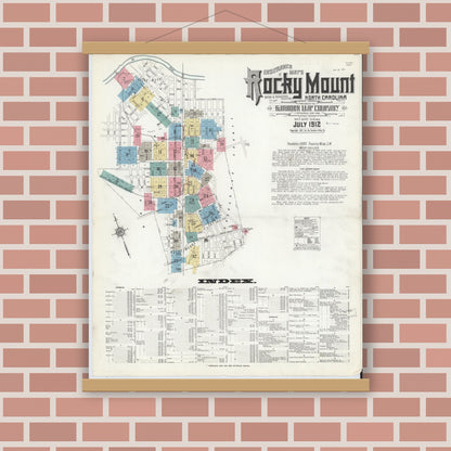 Old map wall art mockup — magnetic wood frame on brick wall — Sanborn Fire Insurance Map from Rocky Mount, Edgecombe And Nash Counties, North Carolina (1912), Sheet #0001