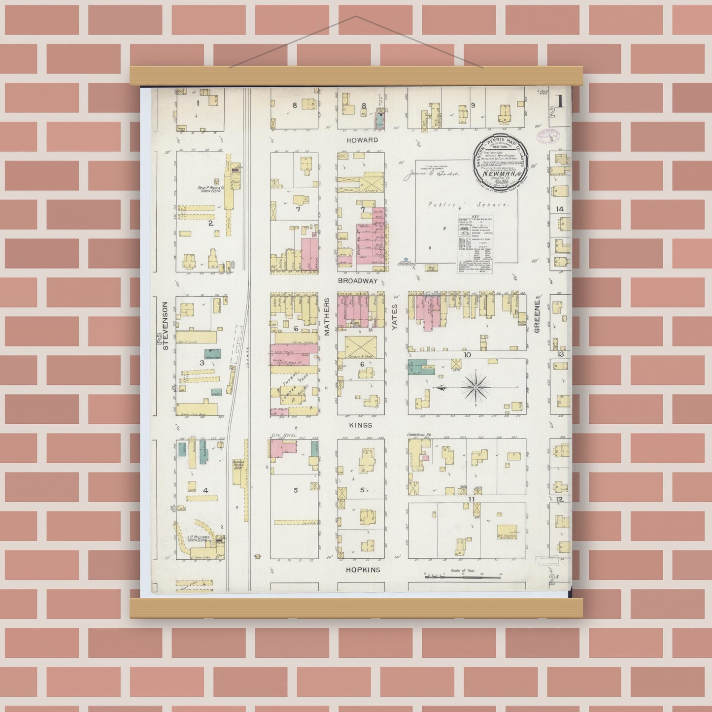 Old map wall art mockup — magnetic wood frame on brick wall — Sanborn Fire Insurance Map from Newman, Douglas County, Illinois (1893) - Complete Map Set