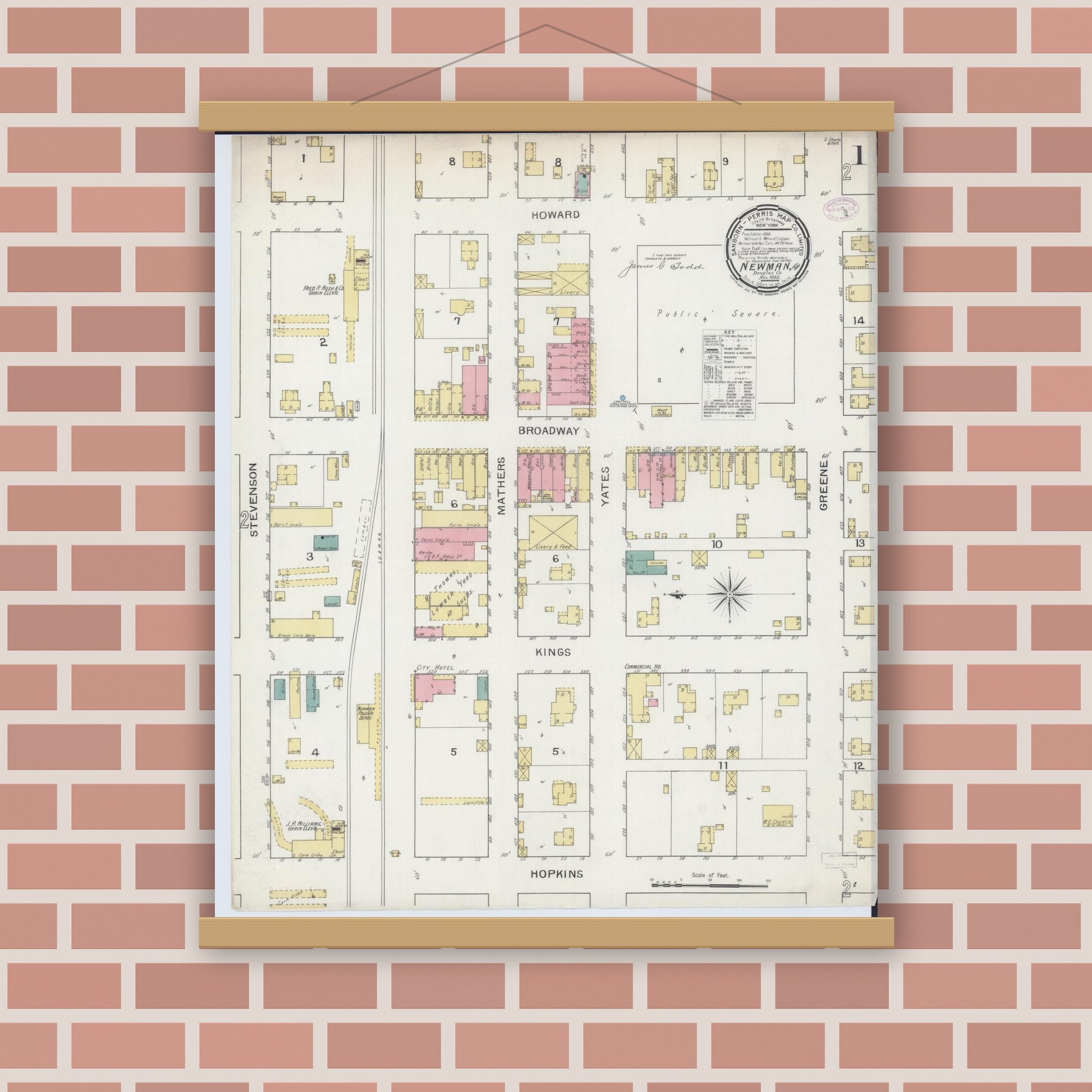 Old map wall art mockup — magnetic wood frame on brick wall — Sanborn Fire Insurance Map from Newman, Douglas County, Illinois (1893) - Complete Map Set