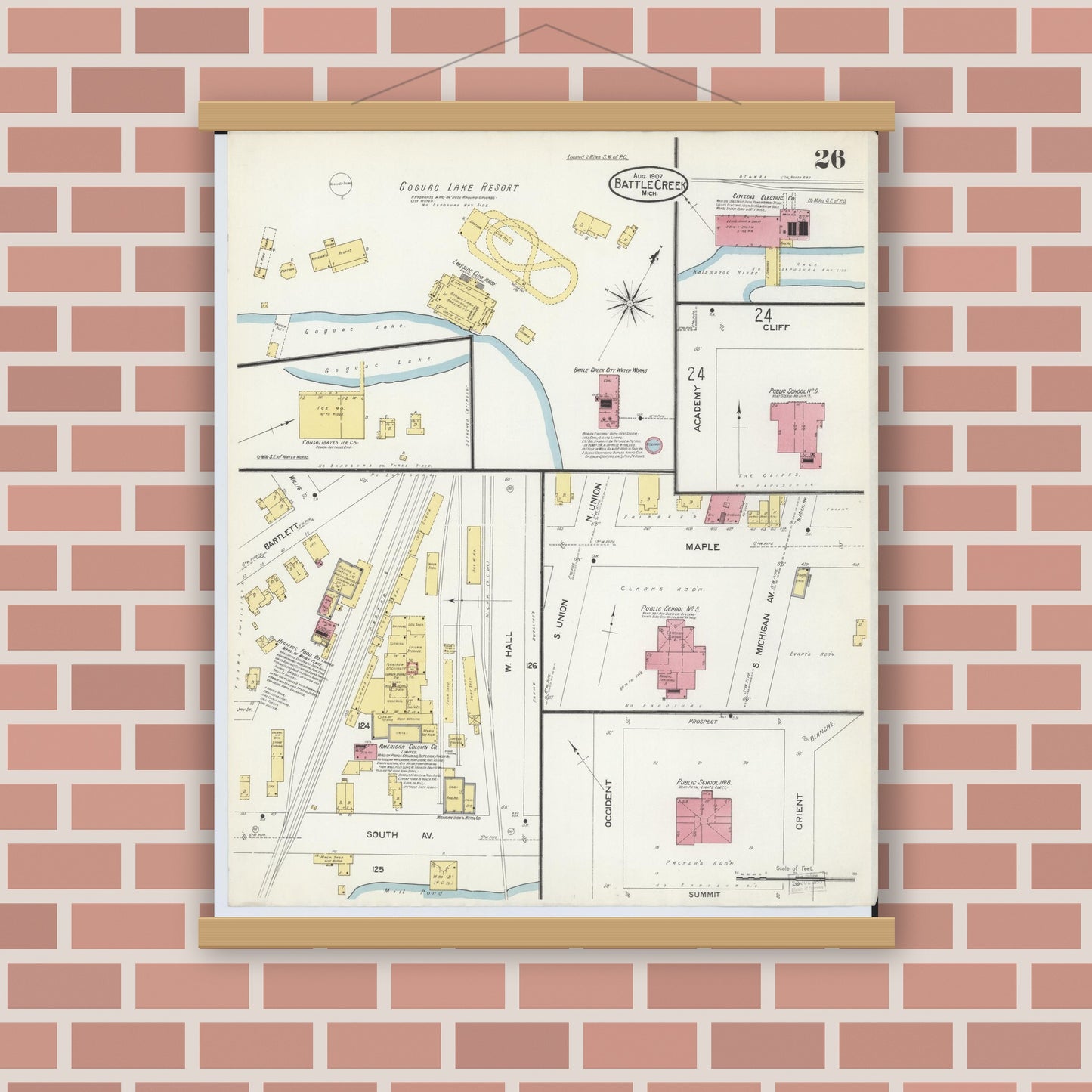 Old map wall art mockup — magnetic wood frame on brick wall — Sanborn Fire Insurance Map from Battle Creek, Calhoun County, Michigan (1907), Sheet #0026