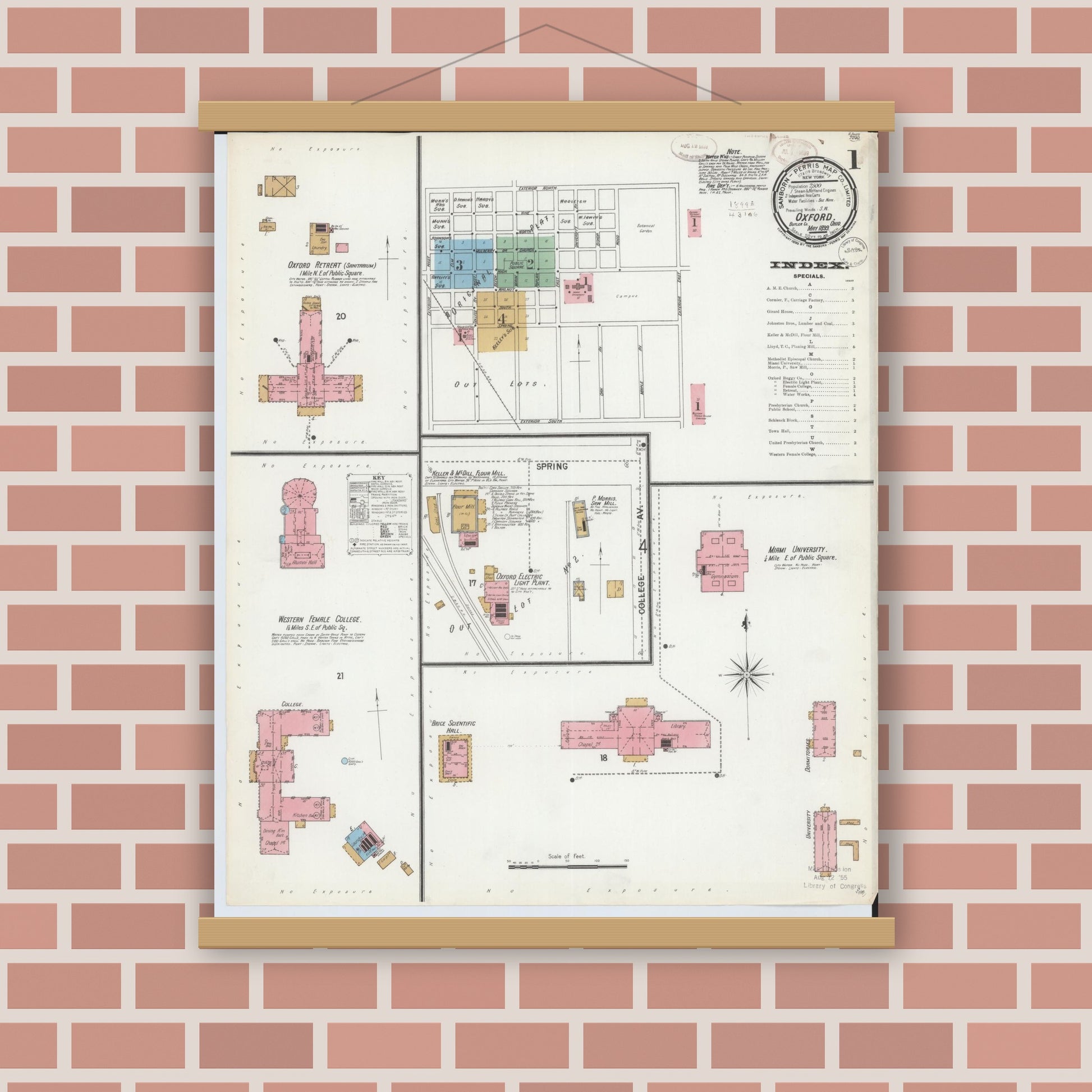 Old map wall art mockup — magnetic wood frame on brick wall — Sanborn Fire Insurance Map from Oxford, Butler County, Ohio (1899), Sheet #0001