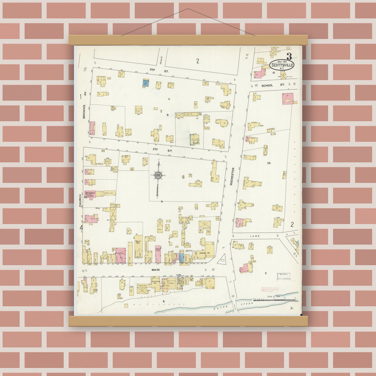 Old map wall art mockup — magnetic wood frame on brick wall — Sanborn Fire Insurance Map from Scottsville, Monroe County, New York (1912), Sheet #0003
