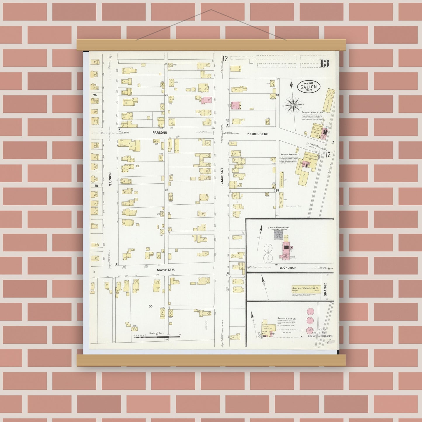 Old map wall art mockup — magnetic wood frame on brick wall — Sanborn Fire Insurance Map from Galion, Crawford County, Ohio (1907), Sheet #0013