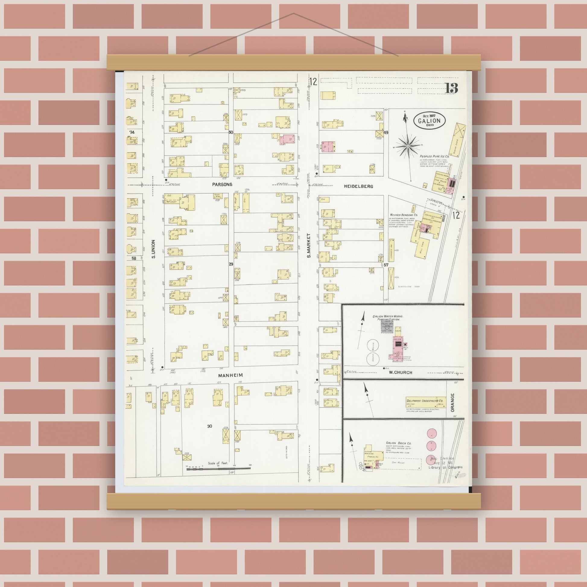 Old map wall art mockup — magnetic wood frame on brick wall — Sanborn Fire Insurance Map from Galion, Crawford County, Ohio (1907), Sheet #0013