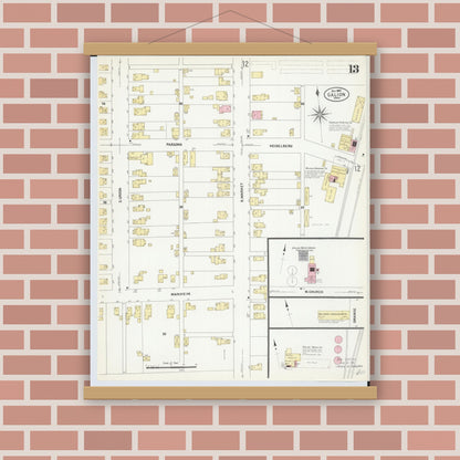 Old map wall art mockup — magnetic wood frame on brick wall — Sanborn Fire Insurance Map from Galion, Crawford County, Ohio (1907), Sheet #0013