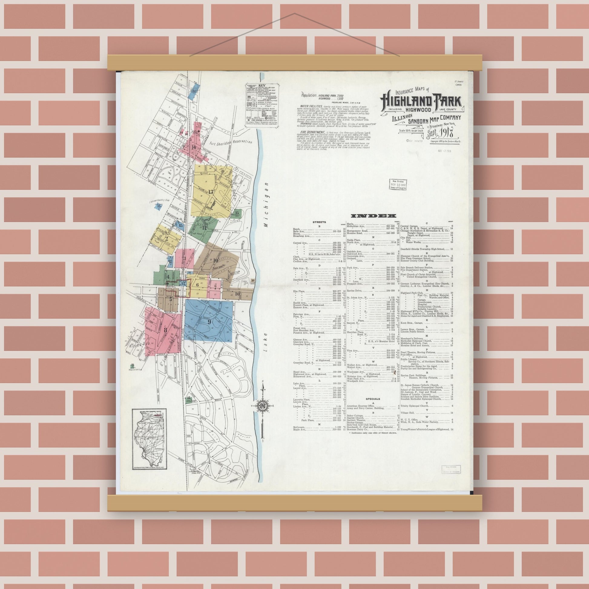 Old map wall art mockup — magnetic wood frame on brick wall — Sanborn Fire Insurance Map from Highland Park, Lake County, Illinois (1918) - Complete Map Set