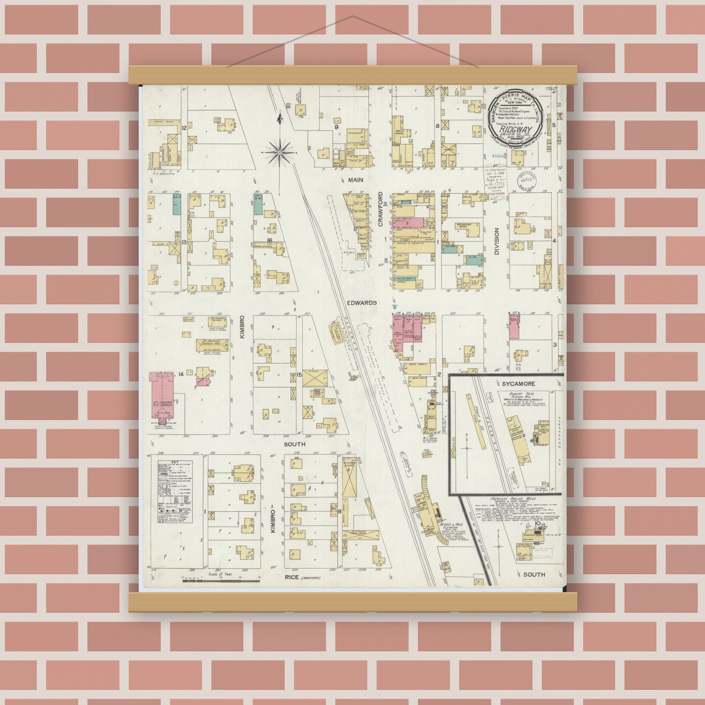 Old map wall art mockup — magnetic wood frame on brick wall — Sanborn Fire Insurance Map from Ridgway, Gallatin County, Illinois (1900), Sheet #0001