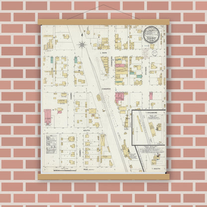 Old map wall art mockup — magnetic wood frame on brick wall — Sanborn Fire Insurance Map from Ridgway, Gallatin County, Illinois (1900), Sheet #0001