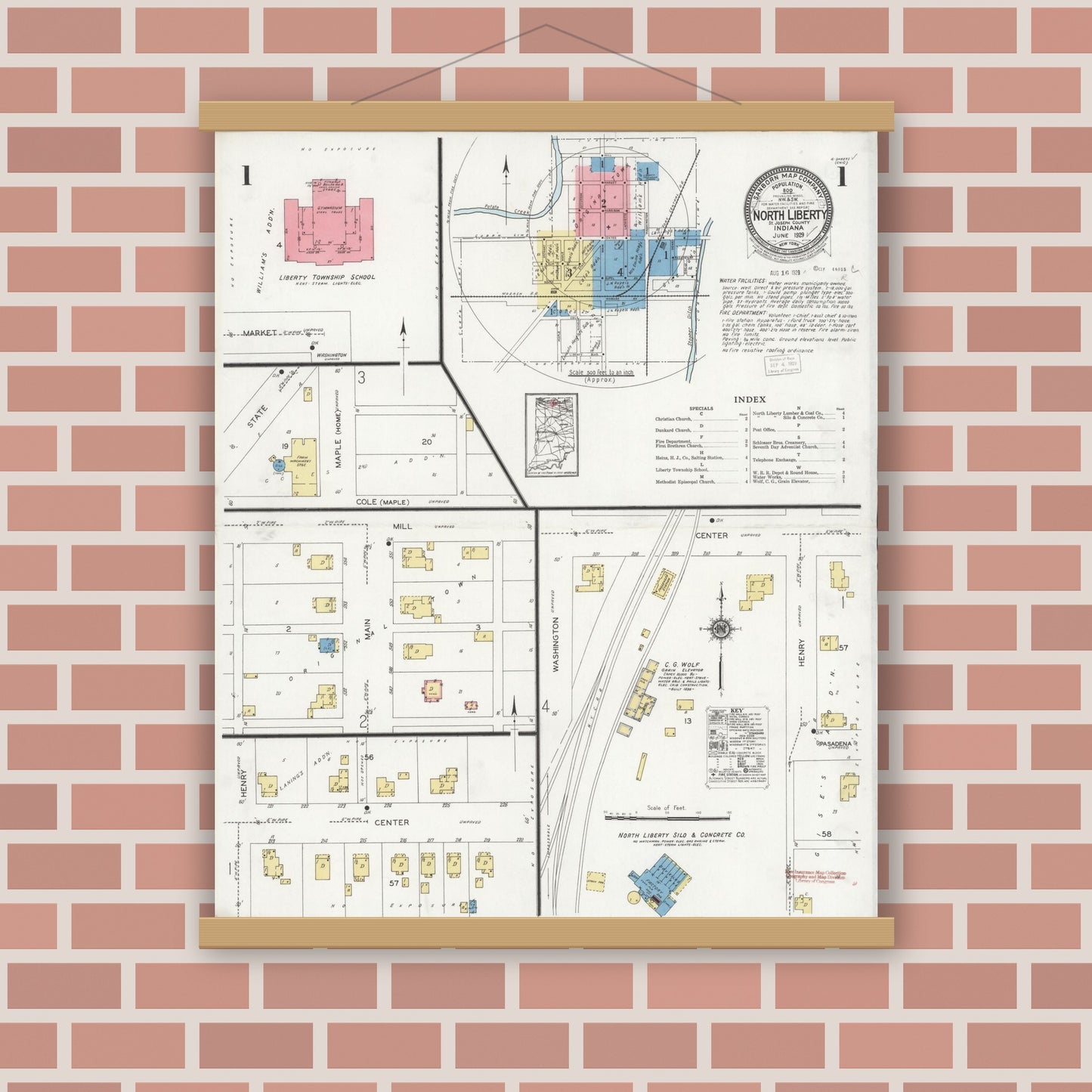 Old map wall art mockup — magnetic wood frame on brick wall — Sanborn Fire Insurance Map from North Liberty, Saint Joseph County, Indiana (1929) - Complete Map Set
