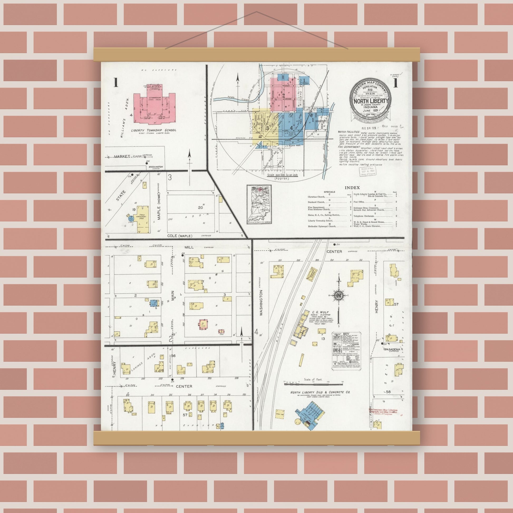 Old map wall art mockup — magnetic wood frame on brick wall — Sanborn Fire Insurance Map from North Liberty, Saint Joseph County, Indiana (1929) - Complete Map Set