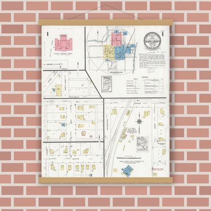 Old map wall art mockup — magnetic wood frame on brick wall — Sanborn Fire Insurance Map from North Liberty, Saint Joseph County, Indiana (1929) - Complete Map Set