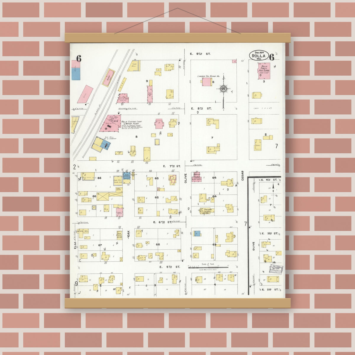 Old map wall art mockup — magnetic wood frame on brick wall — Sanborn Fire Insurance Map from Rolla, Phelps County, Missouri (1924), Sheet #0006