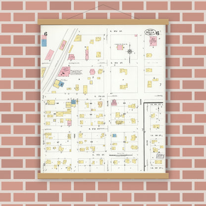 Old map wall art mockup — magnetic wood frame on brick wall — Sanborn Fire Insurance Map from Rolla, Phelps County, Missouri (1924), Sheet #0006