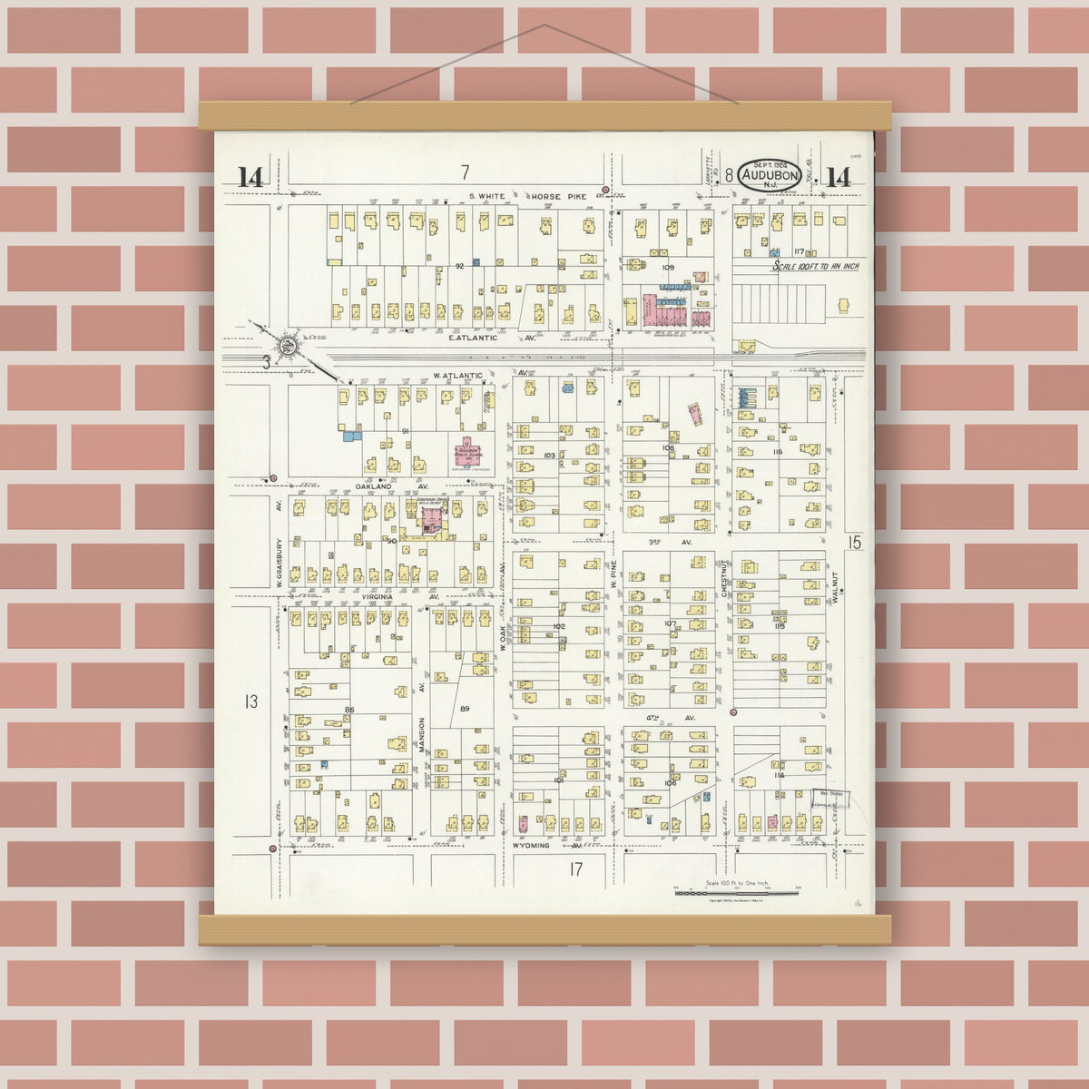 Old map wall art mockup — magnetic wood frame on brick wall — Sanborn Fire Insurance Map from Audubon, Camden County, New Jersey (1924), Sheet #0014