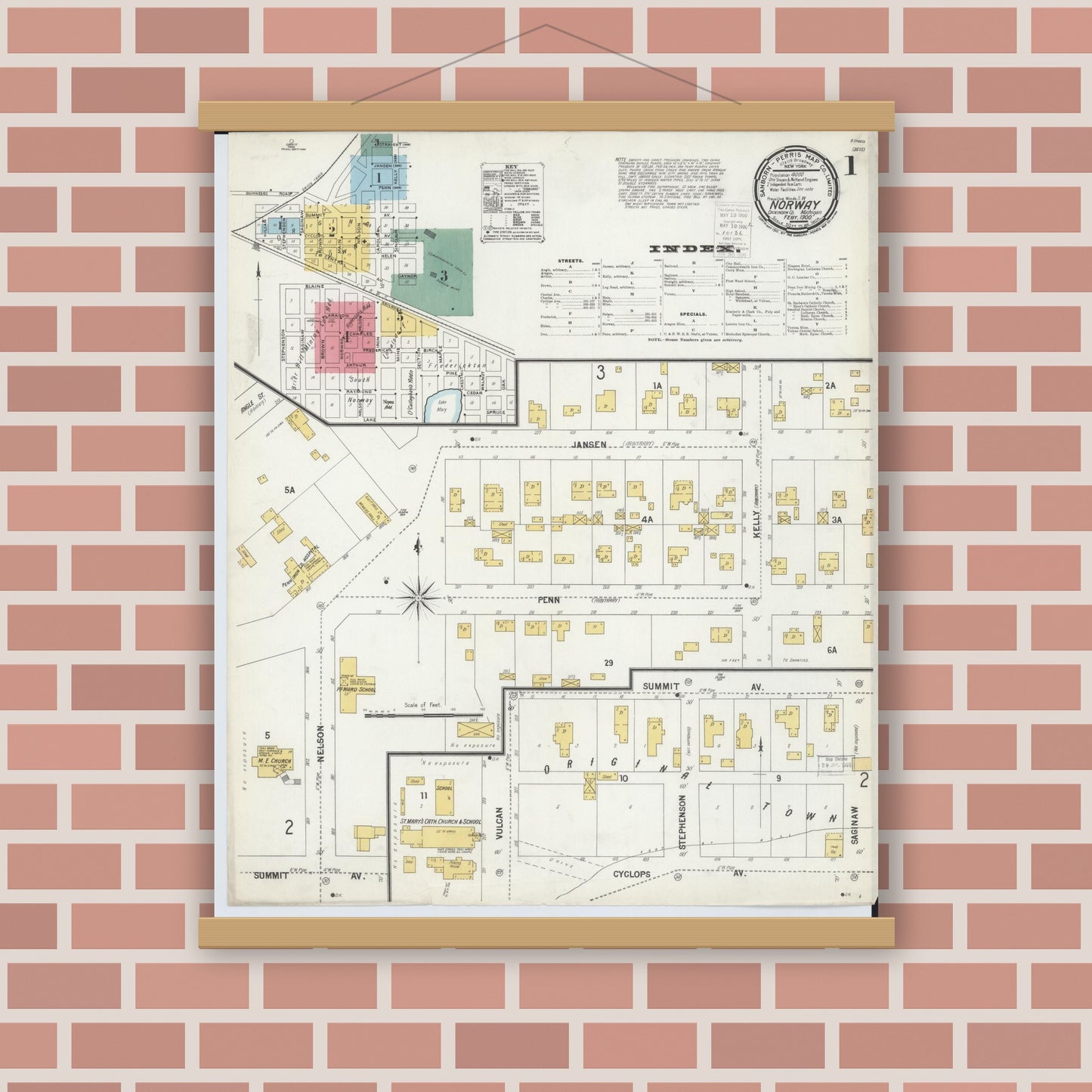 Old map wall art mockup — magnetic wood frame on brick wall — Sanborn Fire Insurance Map from Norway, Dickinson County, Michigan (1900) - Complete Map Set