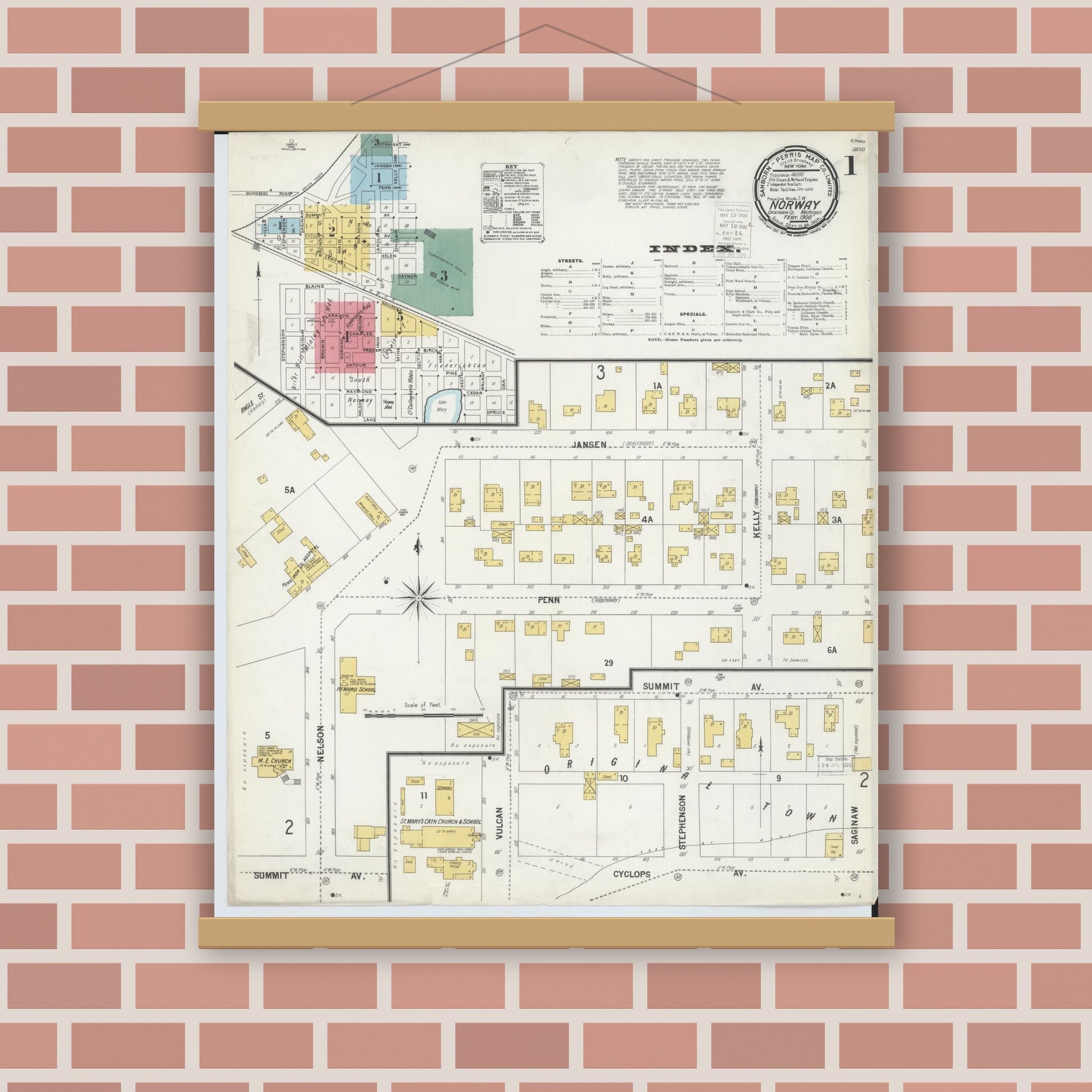 Old map wall art mockup — magnetic wood frame on brick wall — Sanborn Fire Insurance Map from Norway, Dickinson County, Michigan (1900) - Complete Map Set