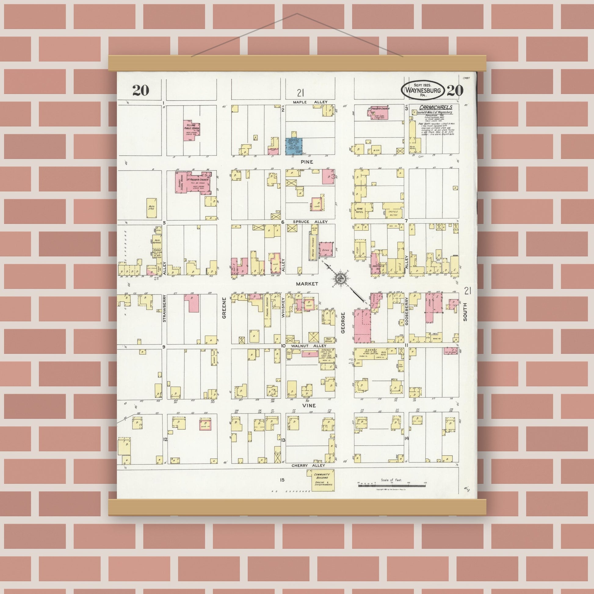 Old map wall art mockup — magnetic wood frame on brick wall — Sanborn Fire Insurance Map from Waynesburg, Greene County, Pennsylvania (1925), Sheet #0020