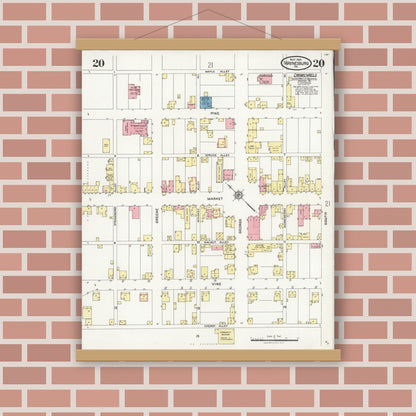 Old map wall art mockup — magnetic wood frame on brick wall — Sanborn Fire Insurance Map from Waynesburg, Greene County, Pennsylvania (1925), Sheet #0020
