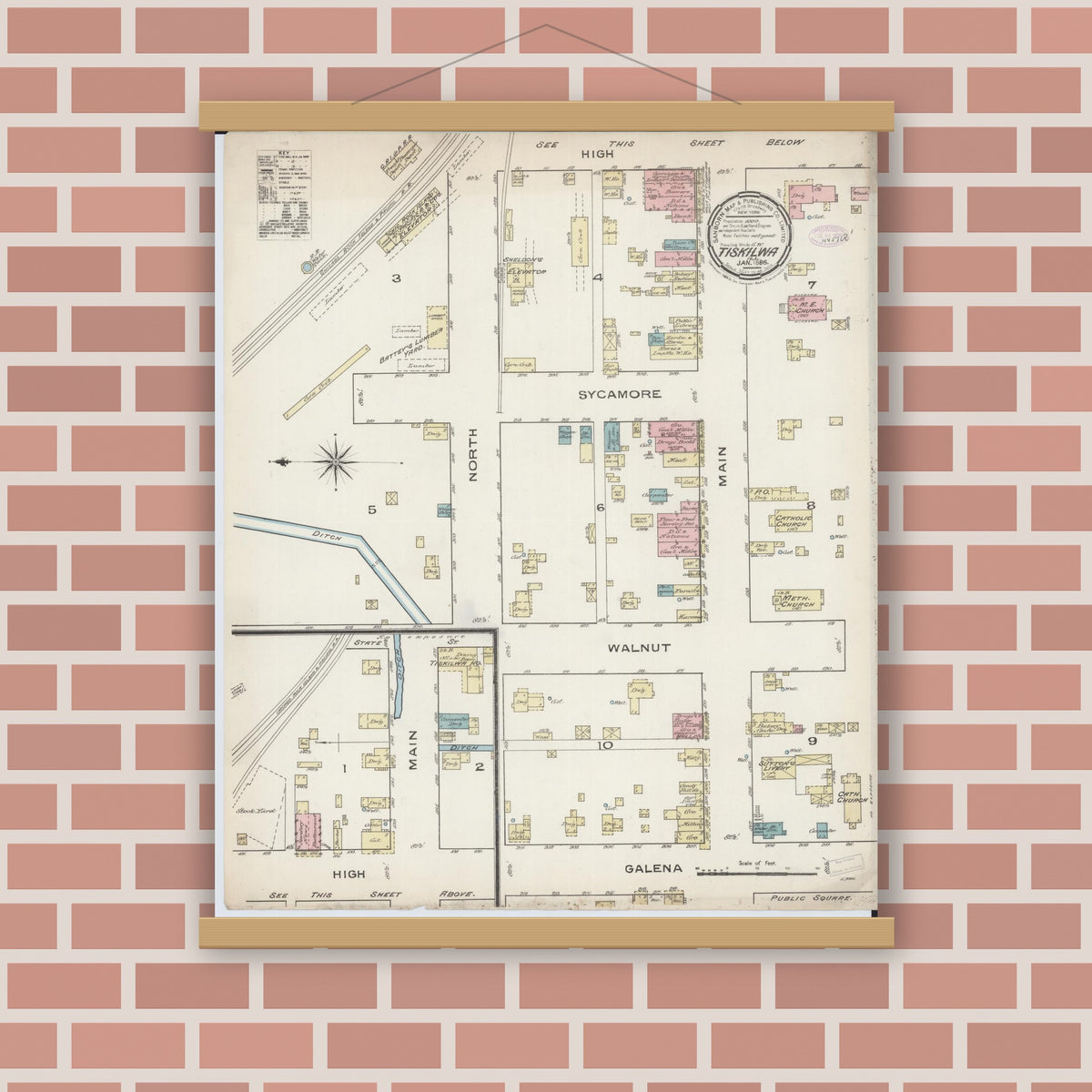 Old map wall art mockup — magnetic wood frame on brick wall — Sanborn Fire Insurance Map from Tiskilwa, Bureau County, Illinois (1886), Sheet #0001