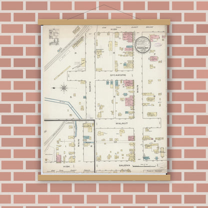 Old map wall art mockup — magnetic wood frame on brick wall — Sanborn Fire Insurance Map from Tiskilwa, Bureau County, Illinois (1886), Sheet #0001