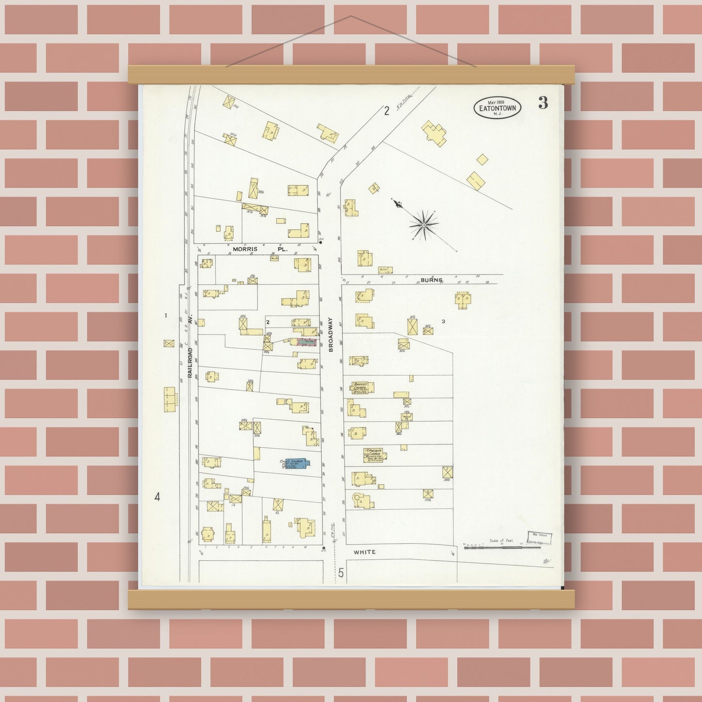 Old map wall art mockup — magnetic wood frame on brick wall — Sanborn Fire Insurance Map from Eatontown, Monmouth County, New Jersey (1909), Sheet #0003