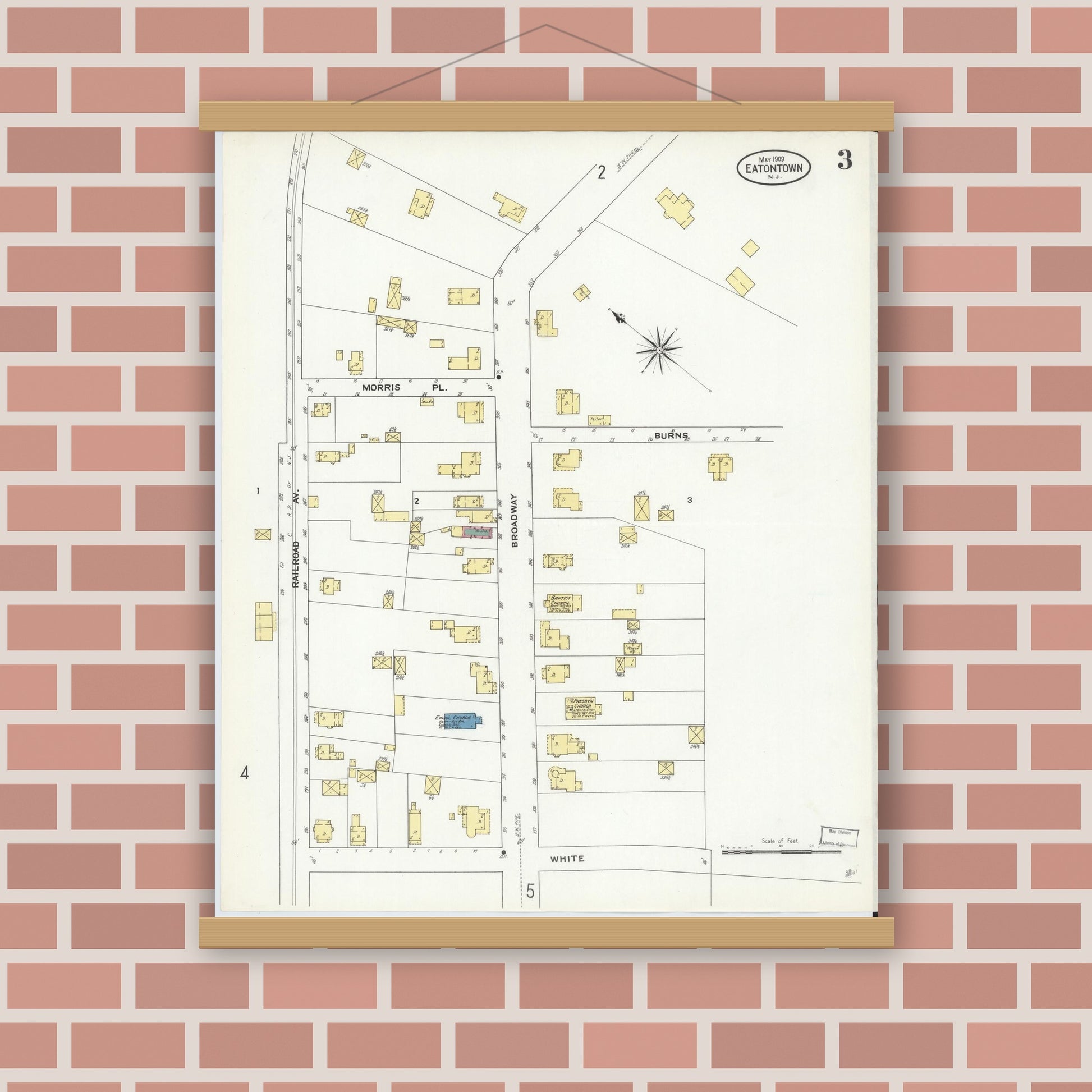Old map wall art mockup — magnetic wood frame on brick wall — Sanborn Fire Insurance Map from Eatontown, Monmouth County, New Jersey (1909), Sheet #0003