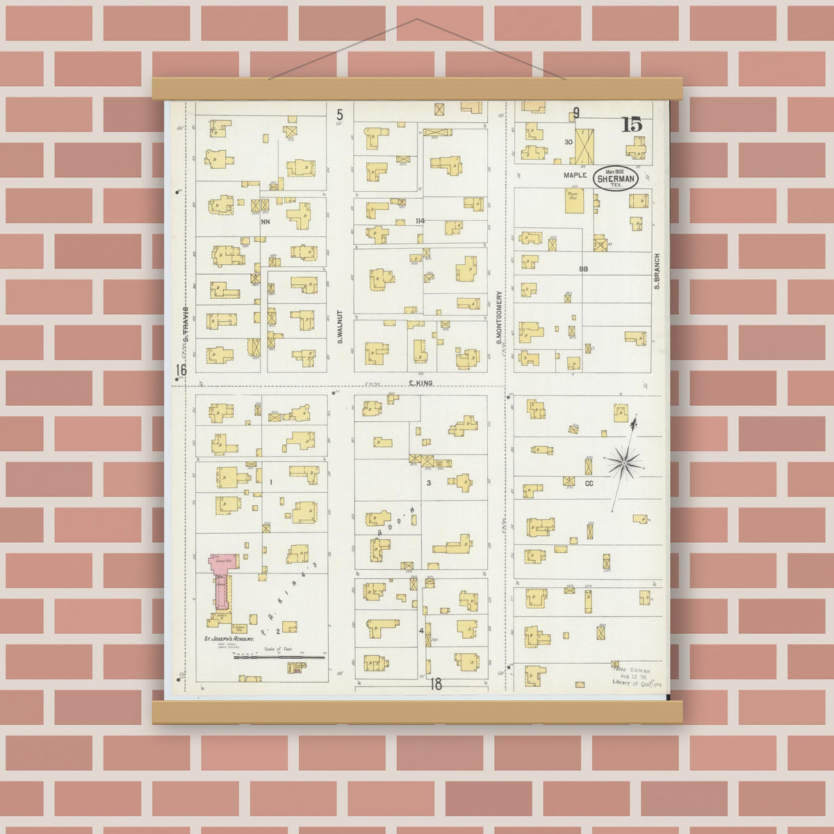 Old map wall art mockup — magnetic wood frame on brick wall — Sanborn Fire Insurance Map from Sherman, Grayson County, Texas (1902), Sheet #0015