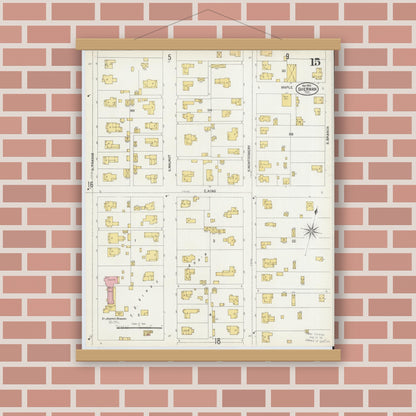 Old map wall art mockup — magnetic wood frame on brick wall — Sanborn Fire Insurance Map from Sherman, Grayson County, Texas (1902), Sheet #0015
