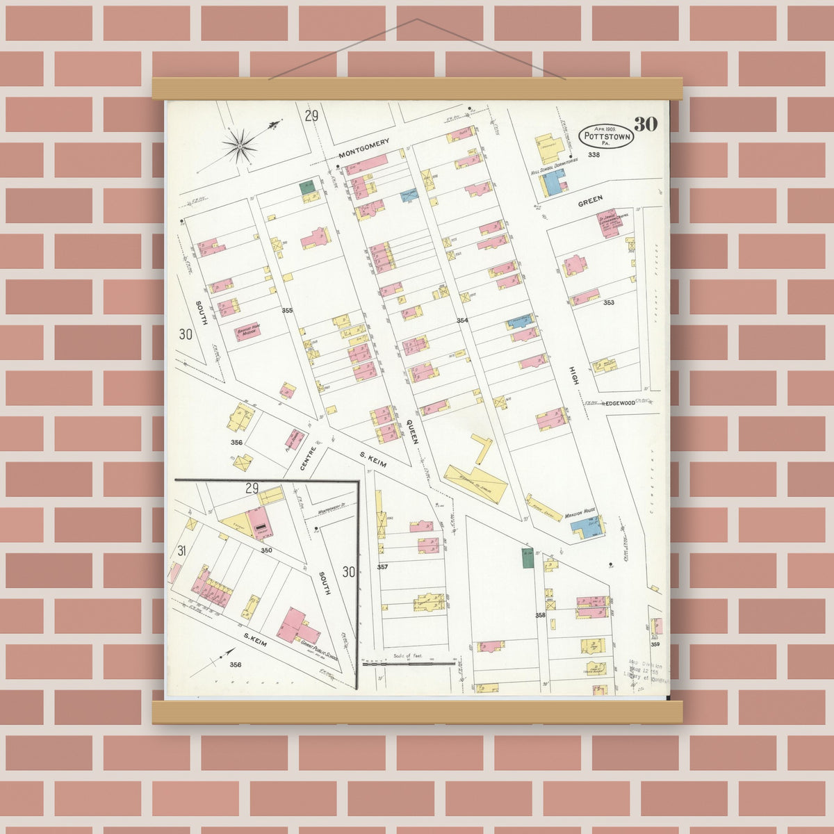 Old map wall art mockup — magnetic wood frame on brick wall — Sanborn Fire Insurance Map from Pottstown, Montgomery County, Pennsylvania (1909), Sheet #0030
