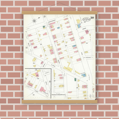 Old map wall art mockup — magnetic wood frame on brick wall — Sanborn Fire Insurance Map from Pottstown, Montgomery County, Pennsylvania (1909), Sheet #0030