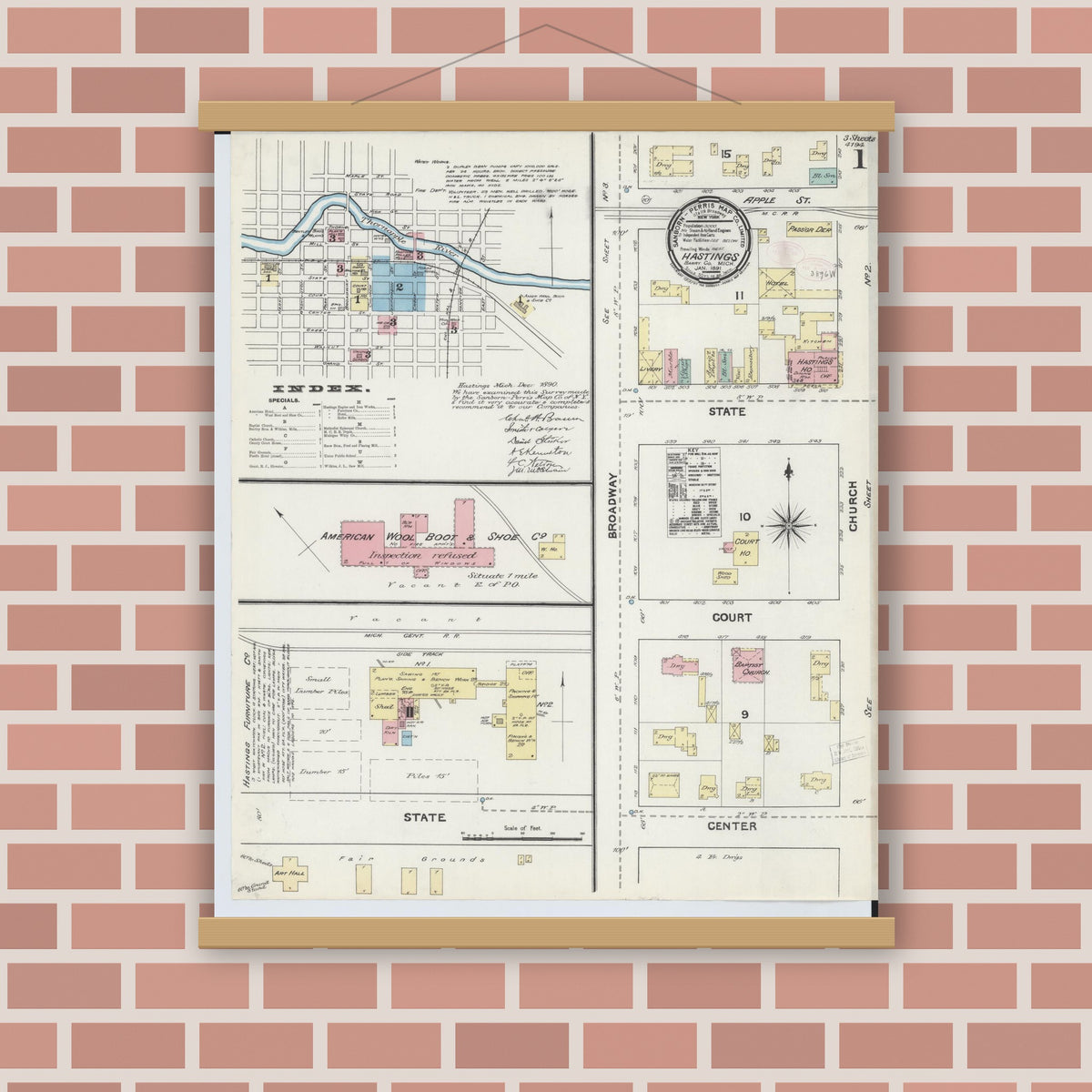 Old map wall art mockup — magnetic wood frame on brick wall — Sanborn Fire Insurance Map from Hastings, Barry County, Michigan (1891), Sheet #0001