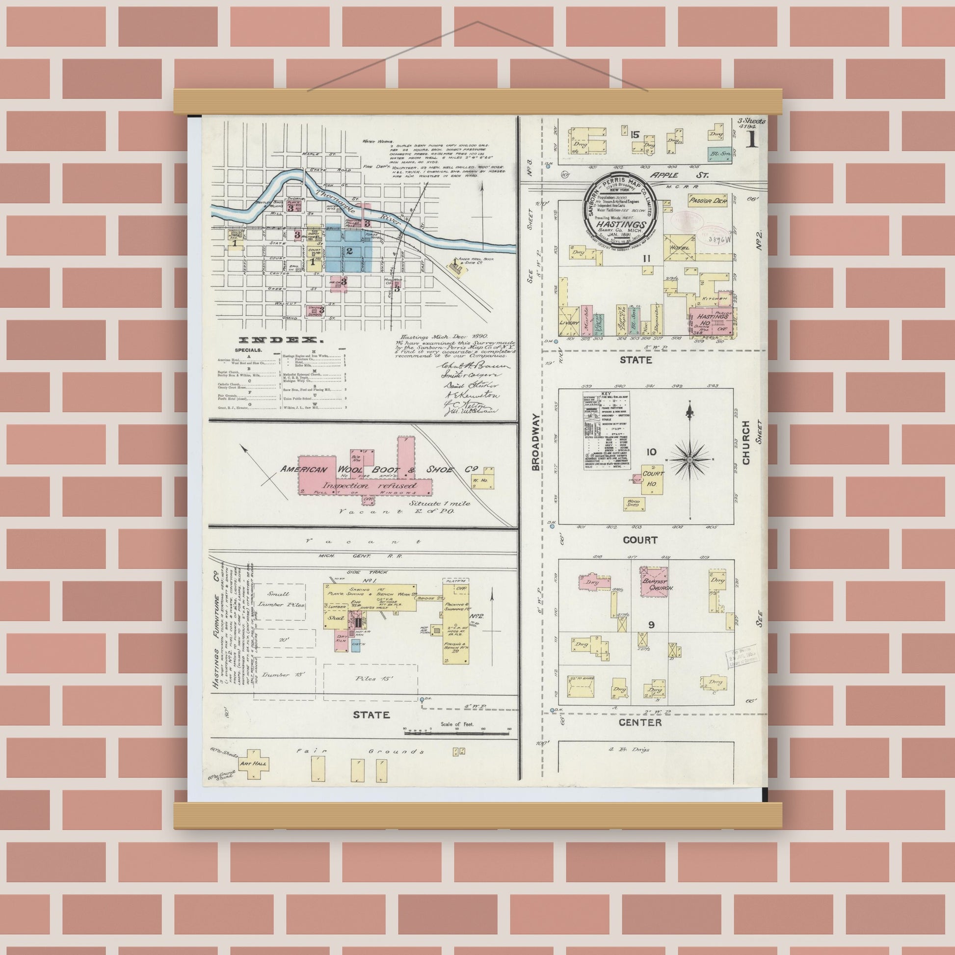 Old map wall art mockup — magnetic wood frame on brick wall — Sanborn Fire Insurance Map from Hastings, Barry County, Michigan (1891), Sheet #0001