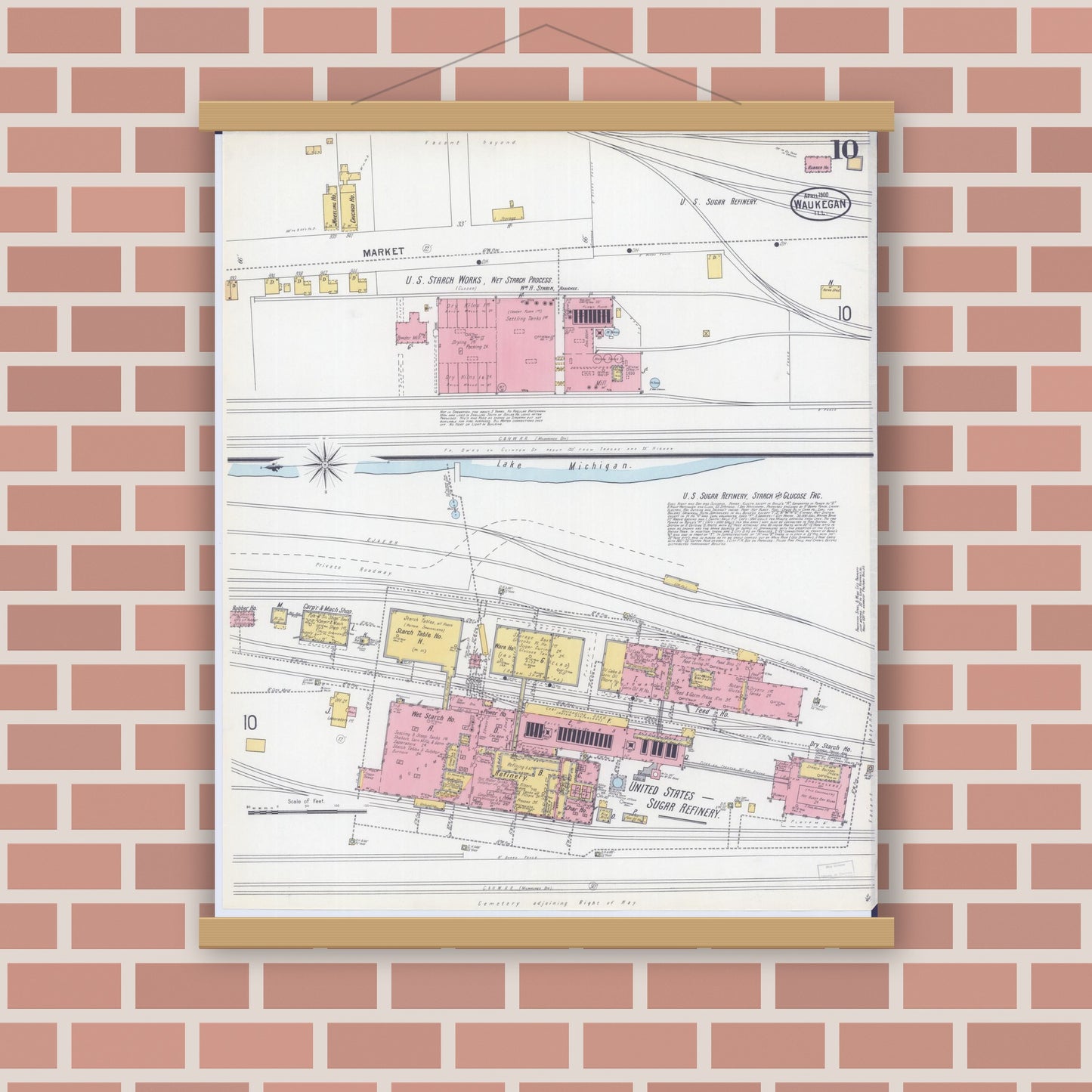 Old map wall art mockup — magnetic wood frame on brick wall — Sanborn Fire Insurance Map from Waukegan, Lake County, Illinois (1900), Sheet #0010
