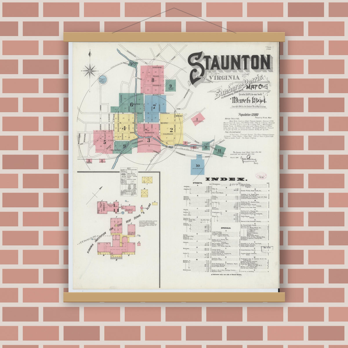 Old map wall art mockup — magnetic wood frame on brick wall — Sanborn Fire Insurance Map from Staunton, Independent Cities, Virginia (1894) - Complete Map Set