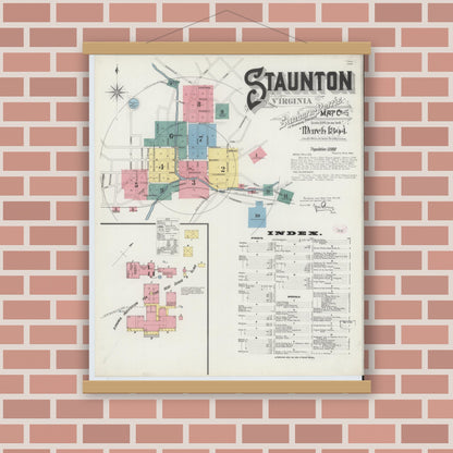 Old map wall art mockup — magnetic wood frame on brick wall — Sanborn Fire Insurance Map from Staunton, Independent Cities, Virginia (1894) - Complete Map Set