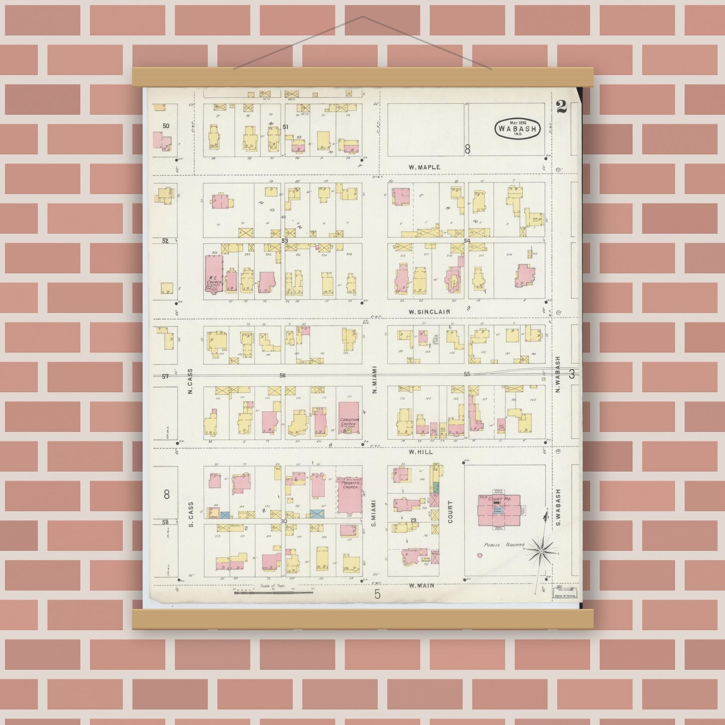 Old map wall art mockup — magnetic wood frame on brick wall — Sanborn Fire Insurance Map from Wabash, Wabash County, Indiana (1896), Sheet #0002