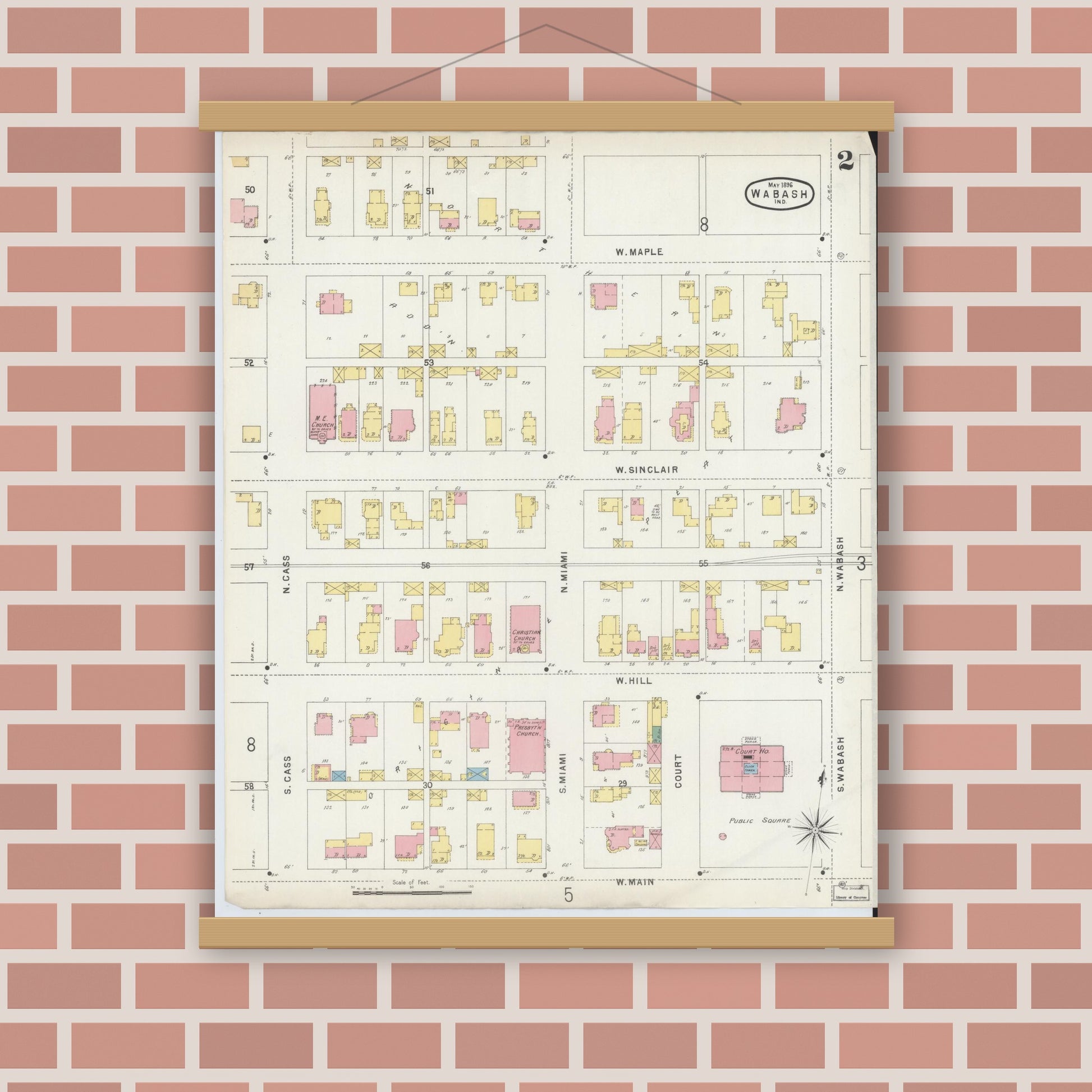 Old map wall art mockup — magnetic wood frame on brick wall — Sanborn Fire Insurance Map from Wabash, Wabash County, Indiana (1896), Sheet #0002
