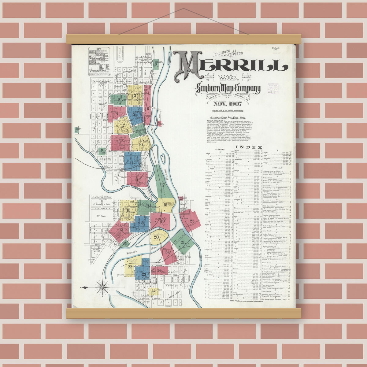 Old map wall art mockup — magnetic wood frame on brick wall — Sanborn Fire Insurance Map from Merrill, Lincoln County, Wisconsin (1907), Sheet #0001