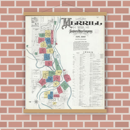 Old map wall art mockup — magnetic wood frame on brick wall — Sanborn Fire Insurance Map from Merrill, Lincoln County, Wisconsin (1907), Sheet #0001