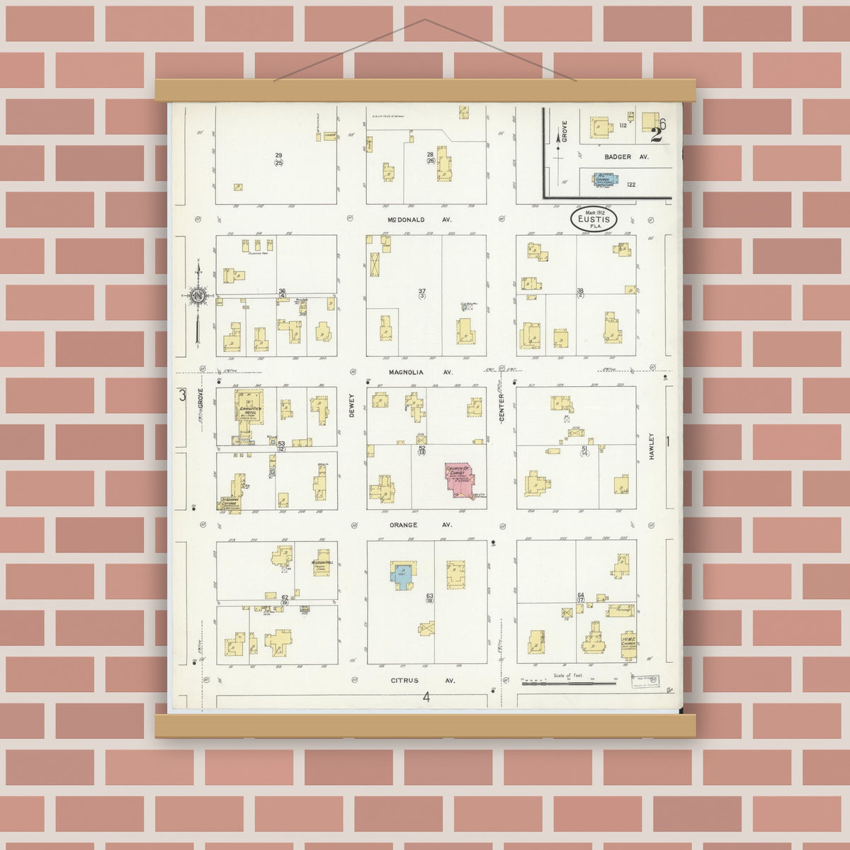 Old map wall art mockup — magnetic wood frame on brick wall — Sanborn Fire Insurance Map from Eustis, Lake County, Florida (1912), Sheet #0002
