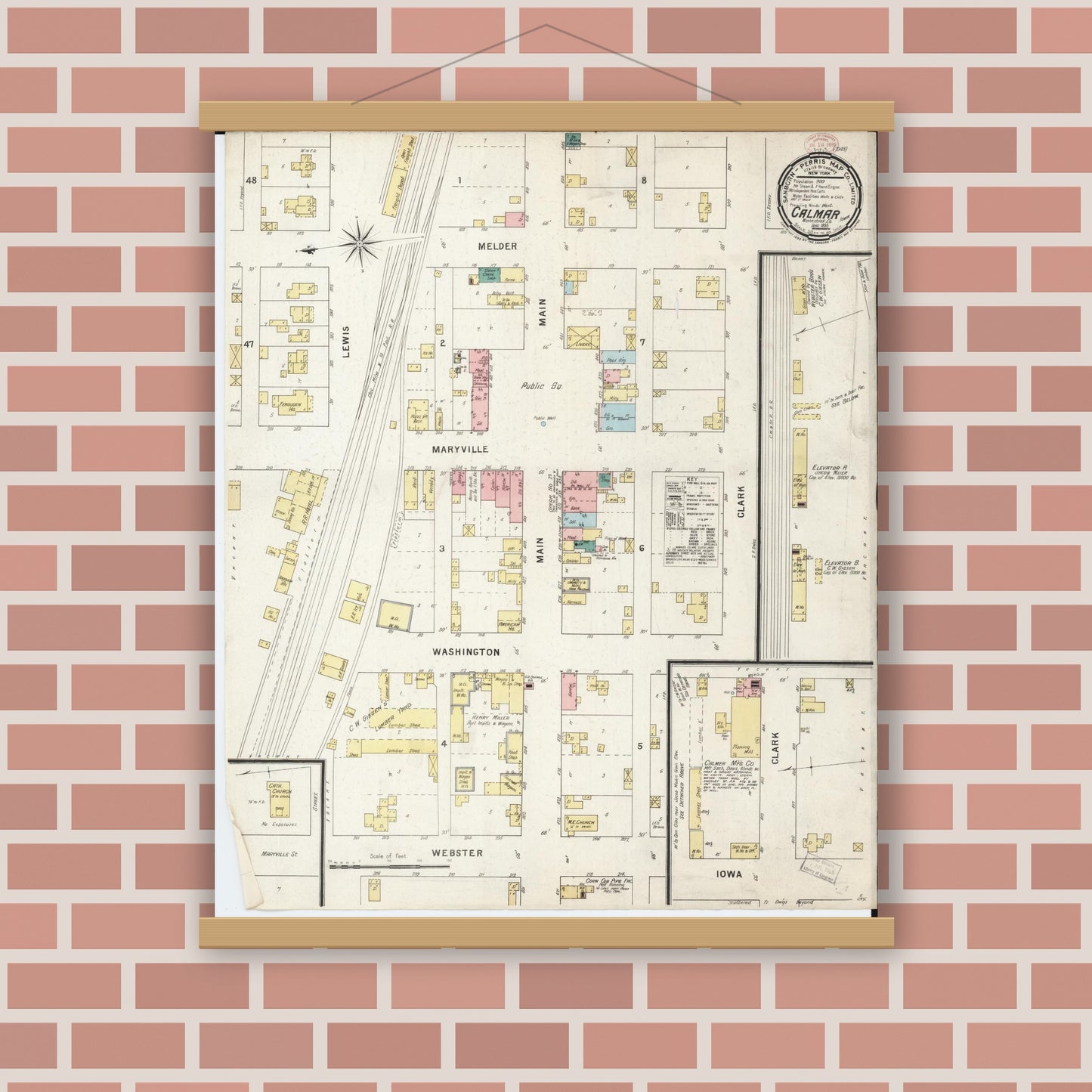 Old map wall art mockup — magnetic wood frame on brick wall — Sanborn Fire Insurance Map from Calmar, Winneshiek County, Iowa (1895), Sheet #0001
