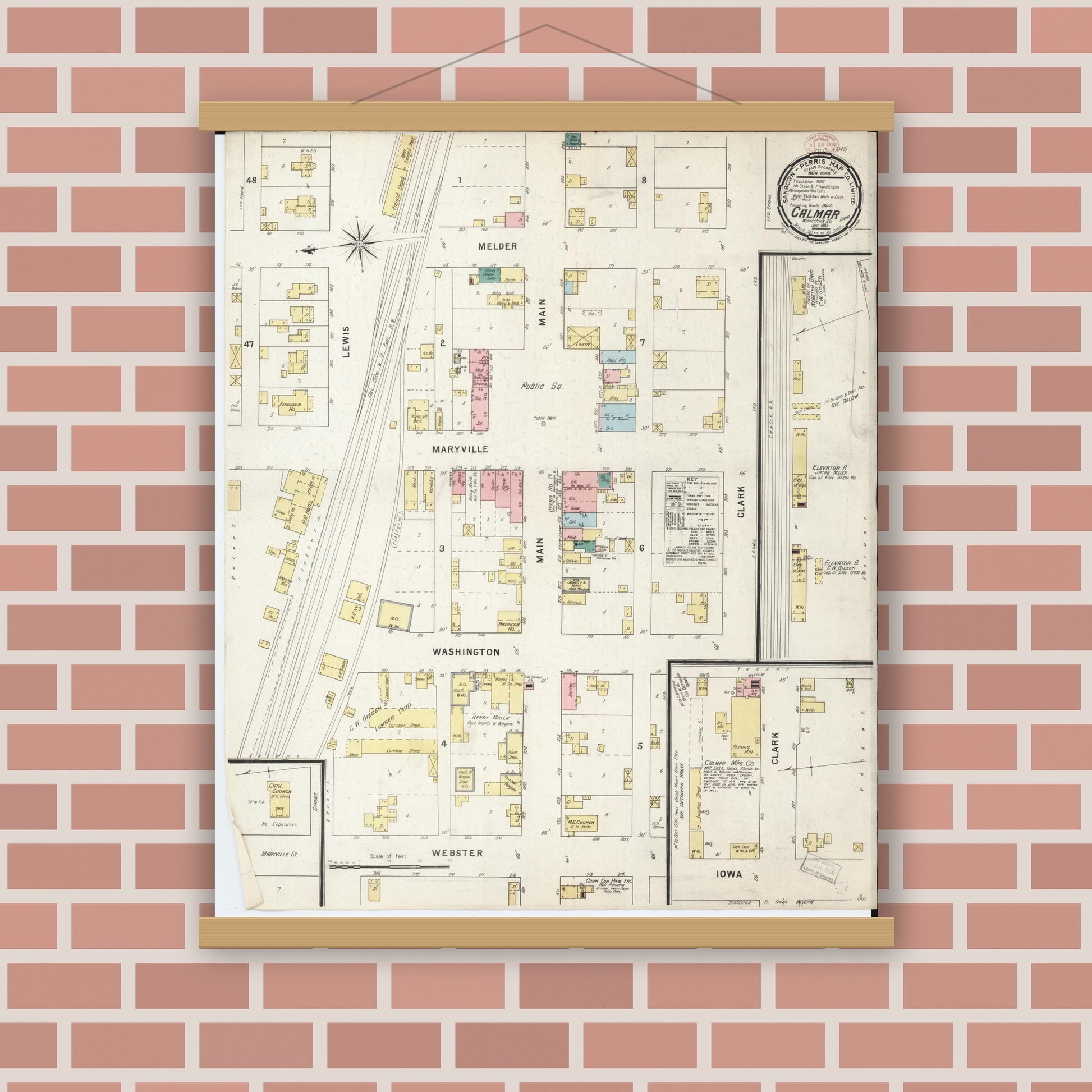 Old map wall art mockup — magnetic wood frame on brick wall — Sanborn Fire Insurance Map from Calmar, Winneshiek County, Iowa (1895), Sheet #0001