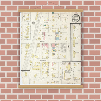 Old map wall art mockup — magnetic wood frame on brick wall — Sanborn Fire Insurance Map from Calmar, Winneshiek County, Iowa (1895), Sheet #0001