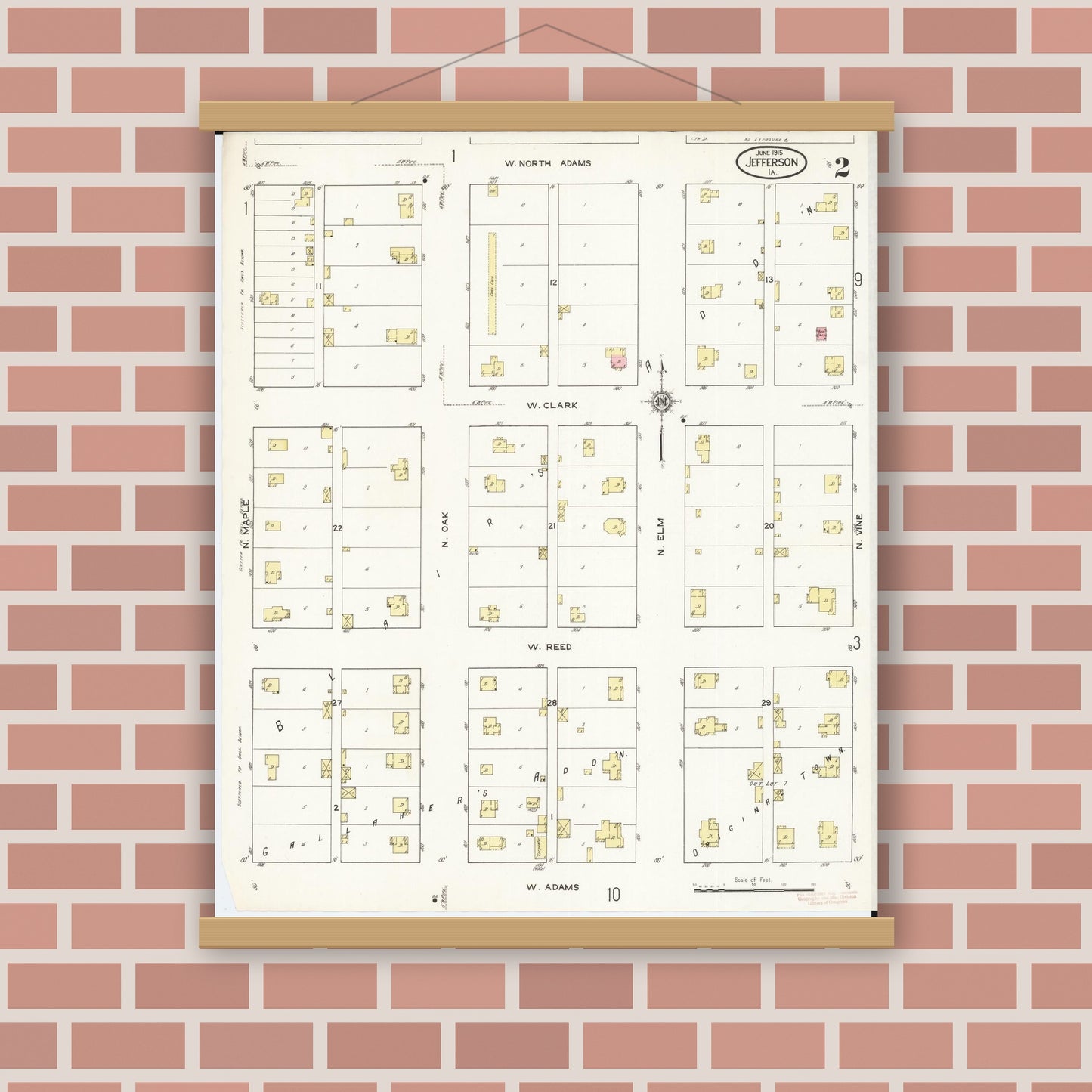 Old map wall art mockup — magnetic wood frame on brick wall — Sanborn Fire Insurance Map from Jefferson, Greene County, Iowa (1915), Sheet #0002