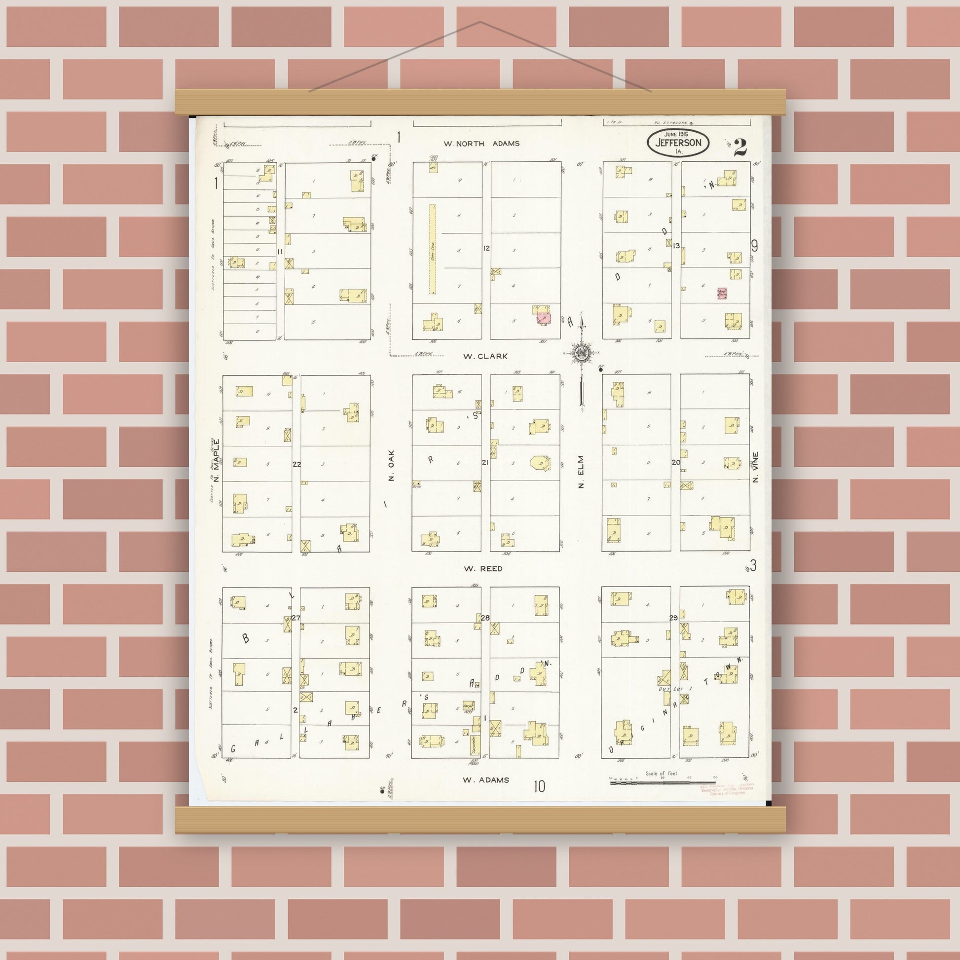 Old map wall art mockup — magnetic wood frame on brick wall — Sanborn Fire Insurance Map from Jefferson, Greene County, Iowa (1915), Sheet #0002