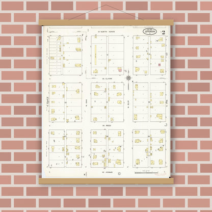 Old map wall art mockup — magnetic wood frame on brick wall — Sanborn Fire Insurance Map from Jefferson, Greene County, Iowa (1915), Sheet #0002