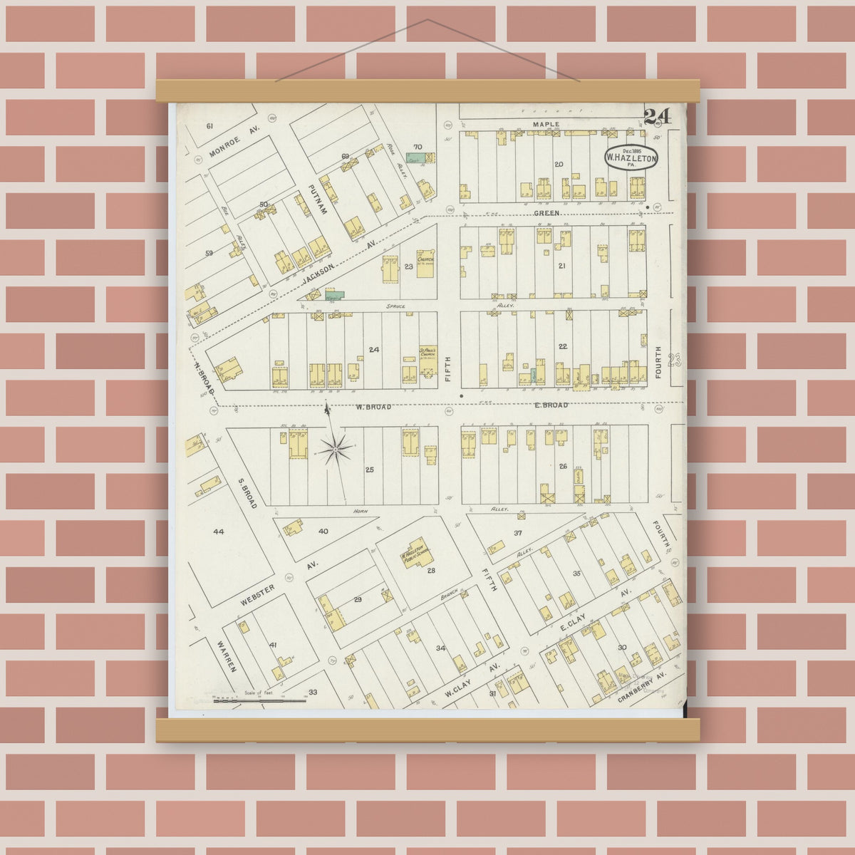 Old map wall art mockup — magnetic wood frame on brick wall — Sanborn Fire Insurance Map from Hazleton, Luzerne County, Pennsylvania (1895), Sheet #0024